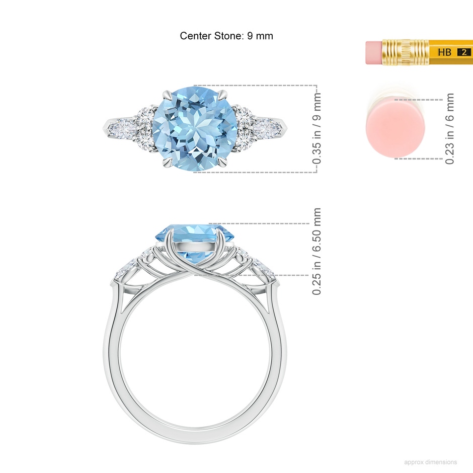 9mm AAAA Round Aquamarine Side Stone Engagement Ring with Diamonds in S999 Silver ruler