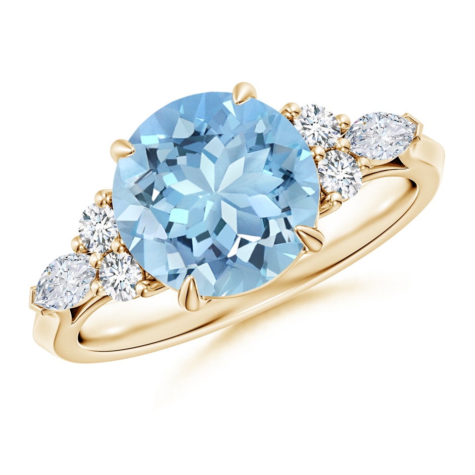 9mm AAAA Round Aquamarine Side Stone Engagement Ring with Diamonds in Yellow Gold 