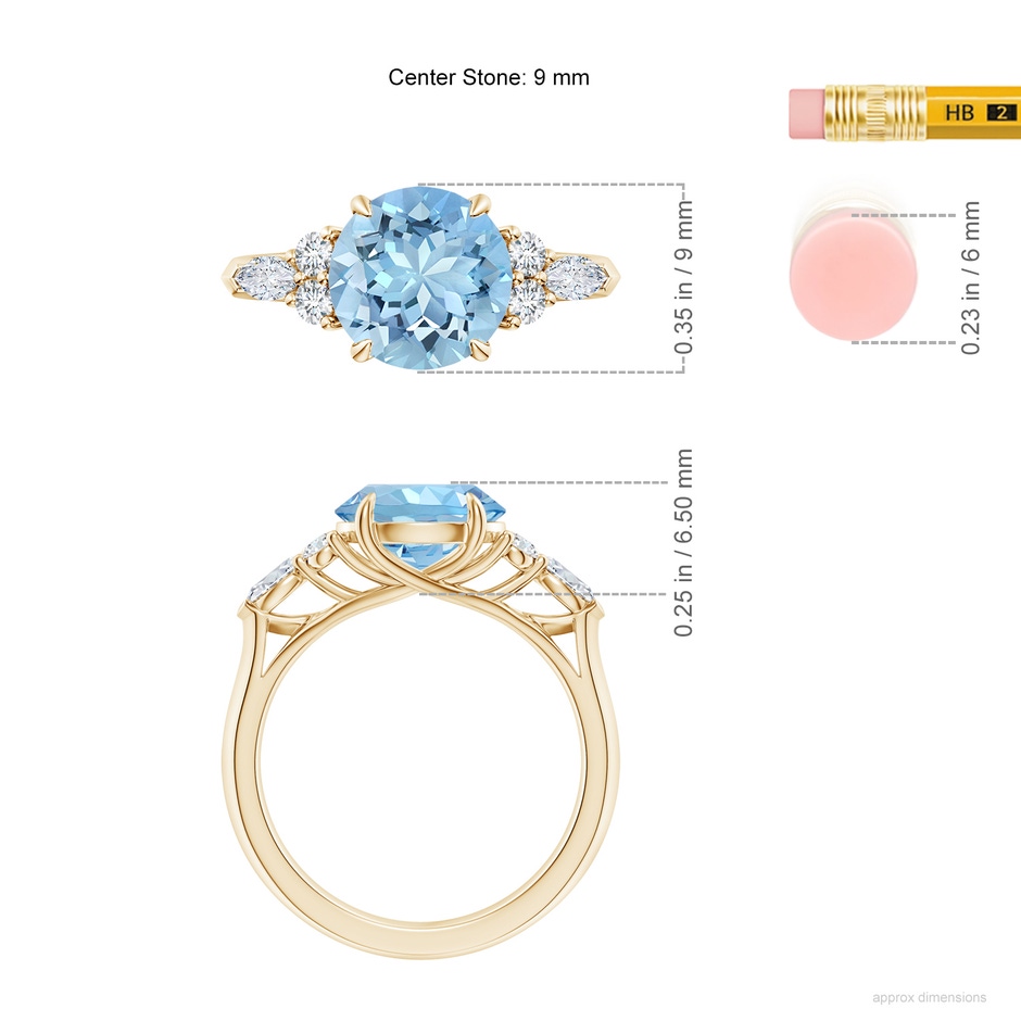 9mm AAAA Round Aquamarine Side Stone Engagement Ring with Diamonds in Yellow Gold ruler