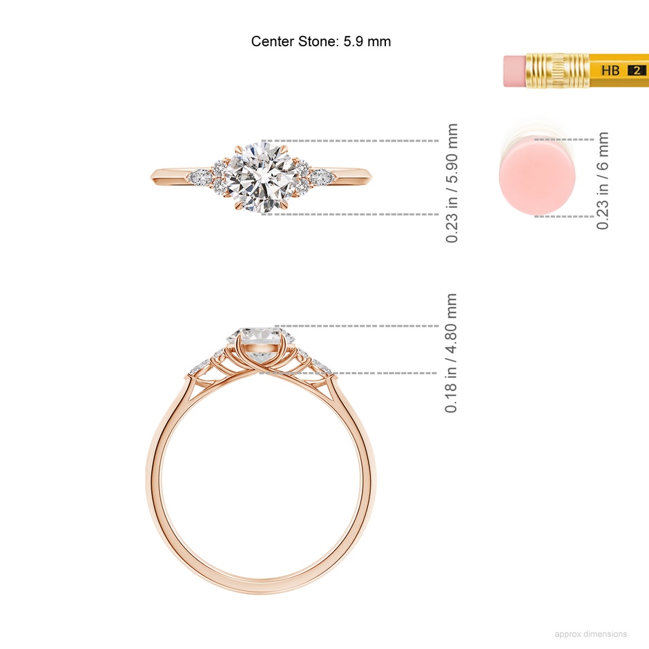 5.9mm IJI1I2 Round Diamond Side Stone Engagement Ring with Diamonds in Rose Gold ruler