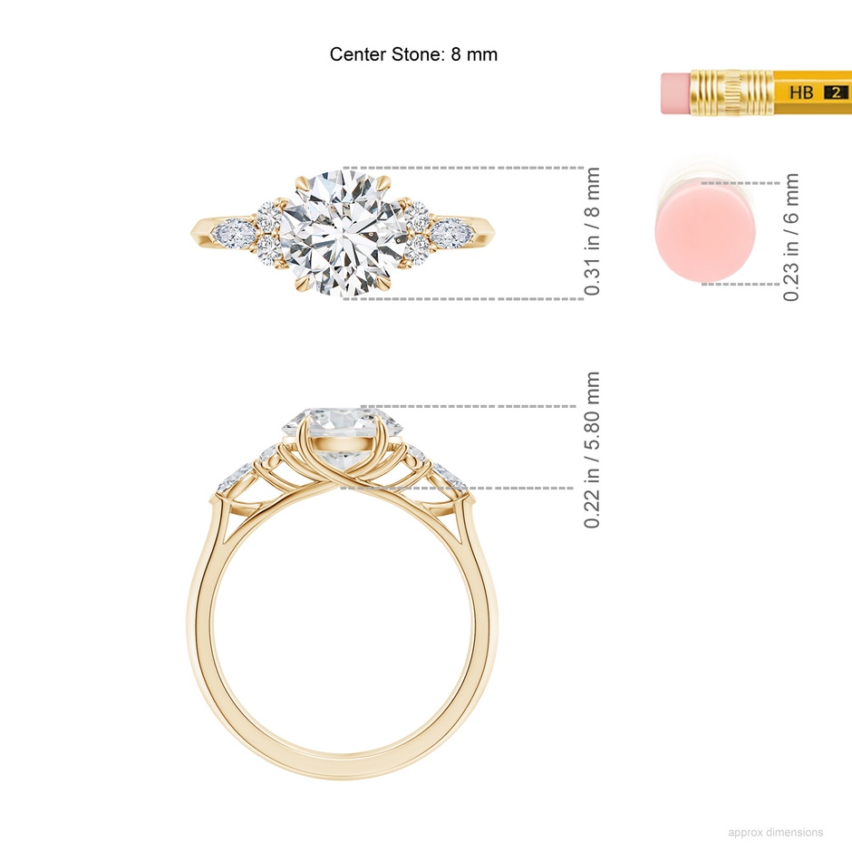 8mm HSI2 Round Diamond Side Stone Engagement Ring with Diamonds in Yellow Gold ruler