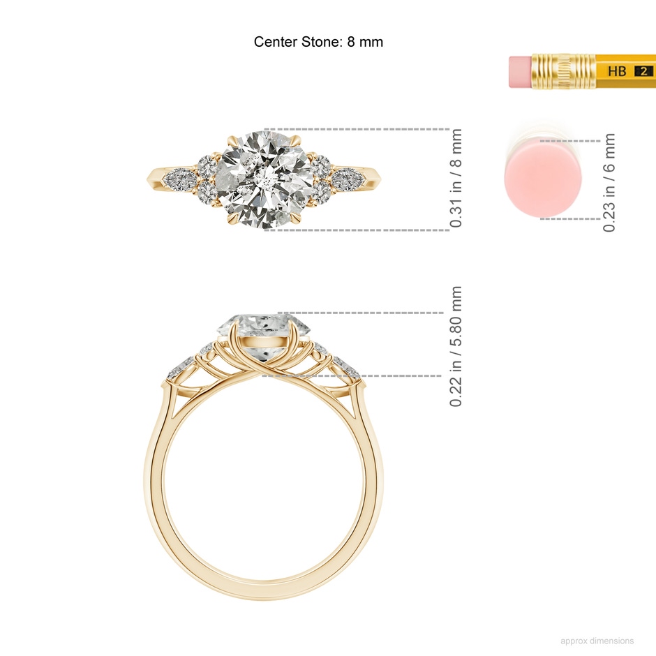 8mm KI3 Round Diamond Side Stone Engagement Ring with Diamonds in Yellow Gold ruler