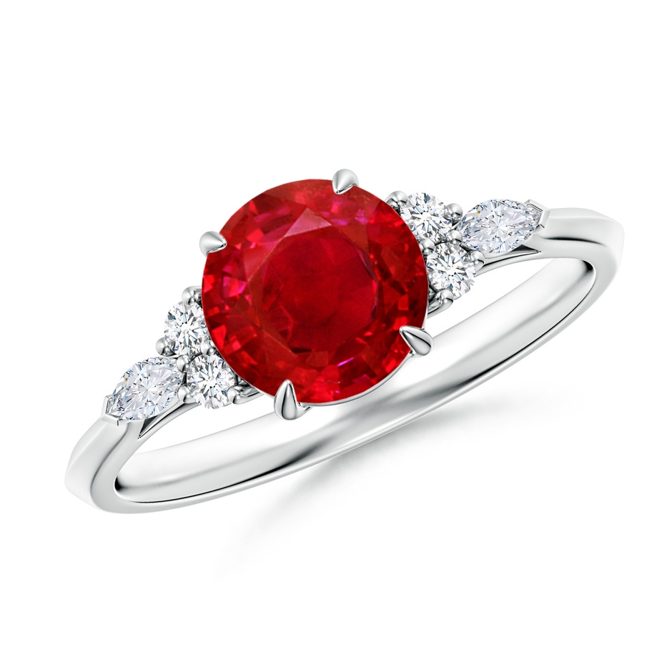 7mm AAA Round Ruby Side Stone Engagement Ring with Diamonds in White Gold 