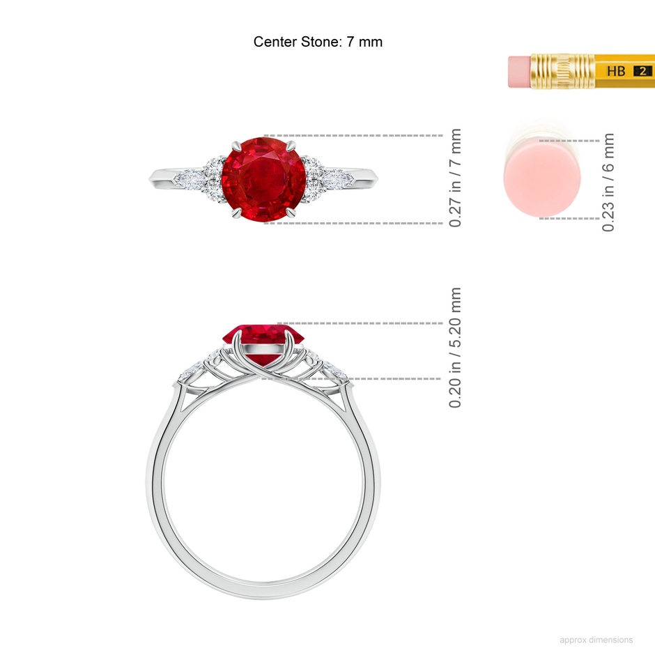 7mm AAA Round Ruby Side Stone Engagement Ring with Diamonds in White Gold ruler