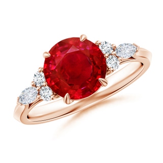 8mm AAA Round Ruby Side Stone Engagement Ring with Diamonds in Rose Gold