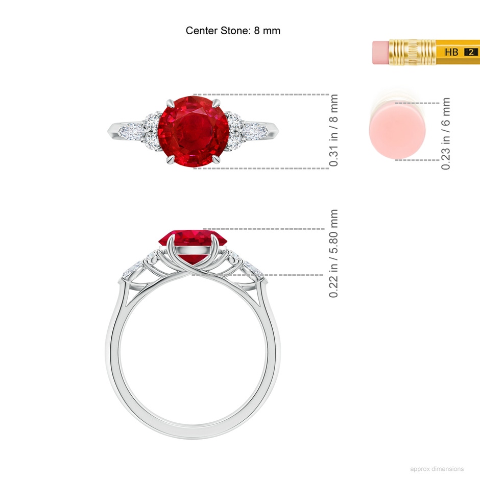 8mm AAA Round Ruby Side Stone Engagement Ring with Diamonds in White Gold ruler