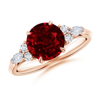 8mm AAAA Round Ruby Side Stone Engagement Ring with Diamonds in 10K Rose Gold
