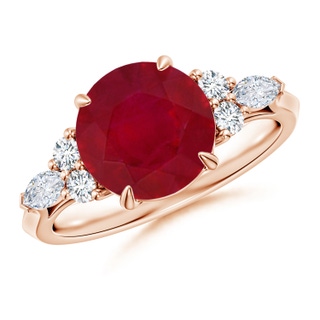 9mm AA Round Ruby Side Stone Engagement Ring with Diamonds in Rose Gold