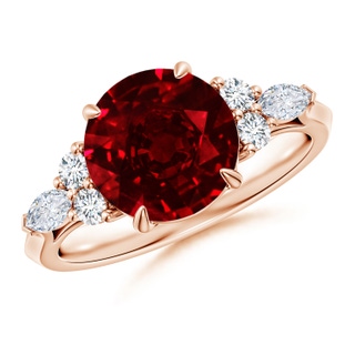 9mm AAAA Round Ruby Side Stone Engagement Ring with Diamonds in 10K Rose Gold