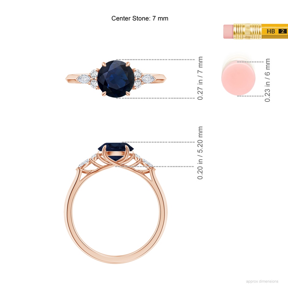 7mm A Round Blue Sapphire Side Stone Engagement Ring with Diamonds in Rose Gold ruler