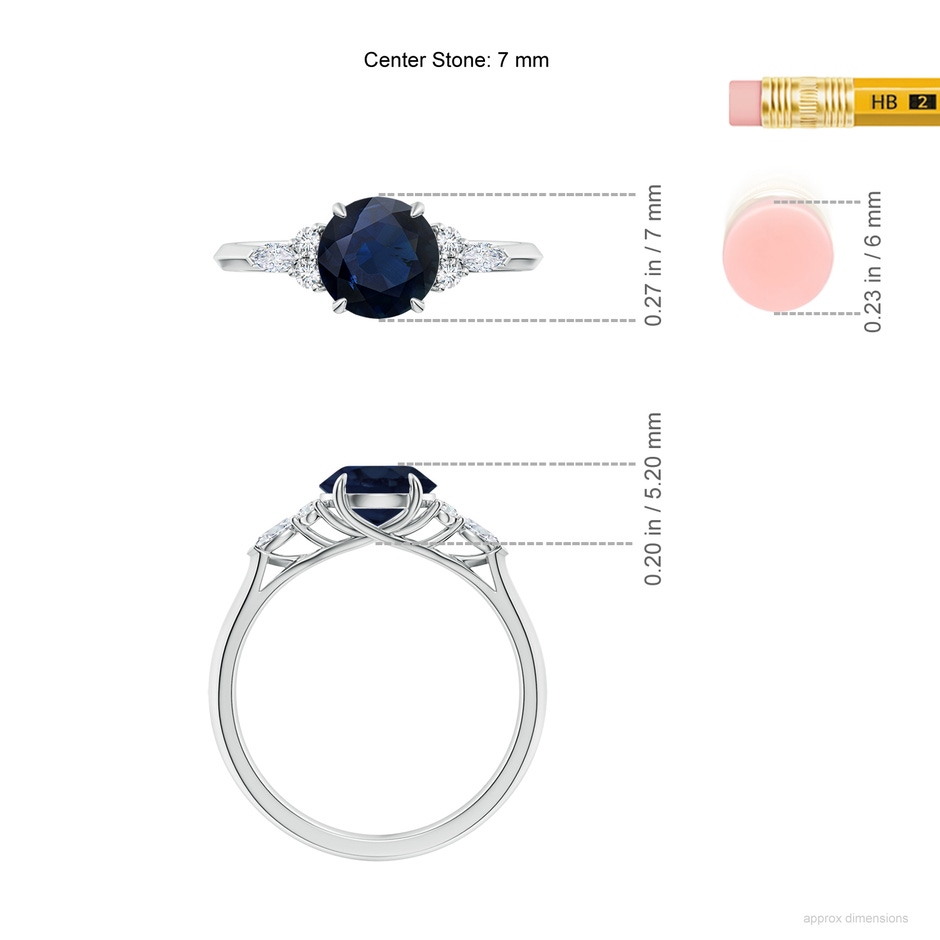 7mm A Round Blue Sapphire Side Stone Engagement Ring with Diamonds in White Gold ruler