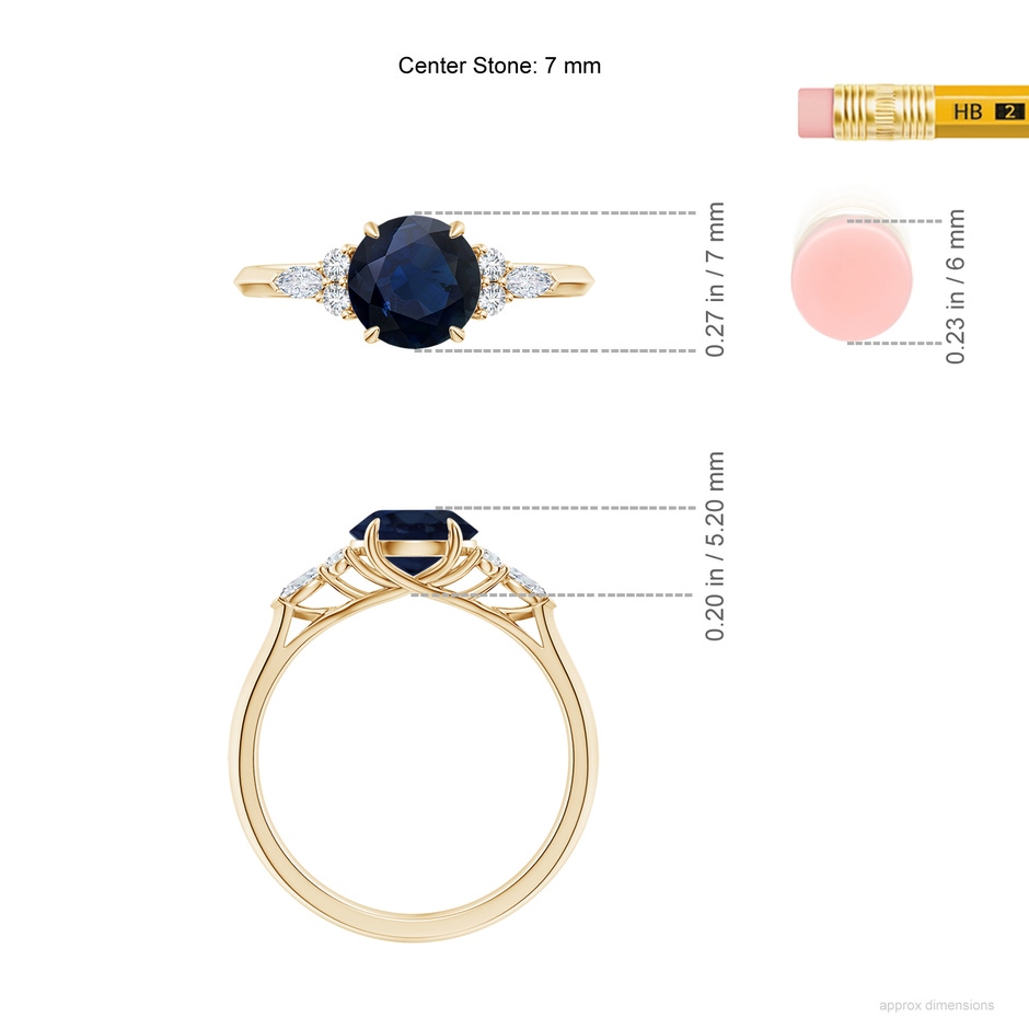 7mm A Round Blue Sapphire Side Stone Engagement Ring with Diamonds in Yellow Gold ruler