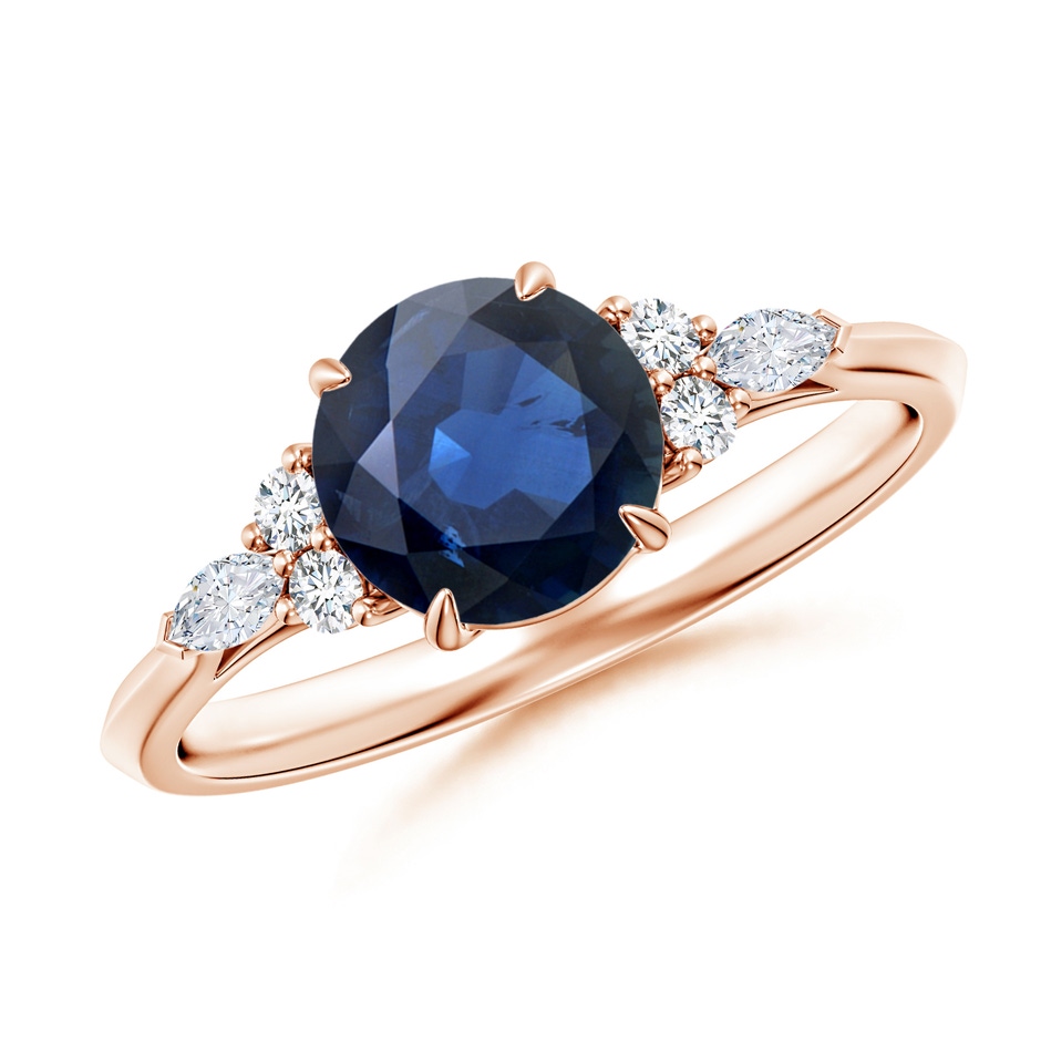 7mm AA Round Blue Sapphire Side Stone Engagement Ring with Diamonds in Rose Gold 