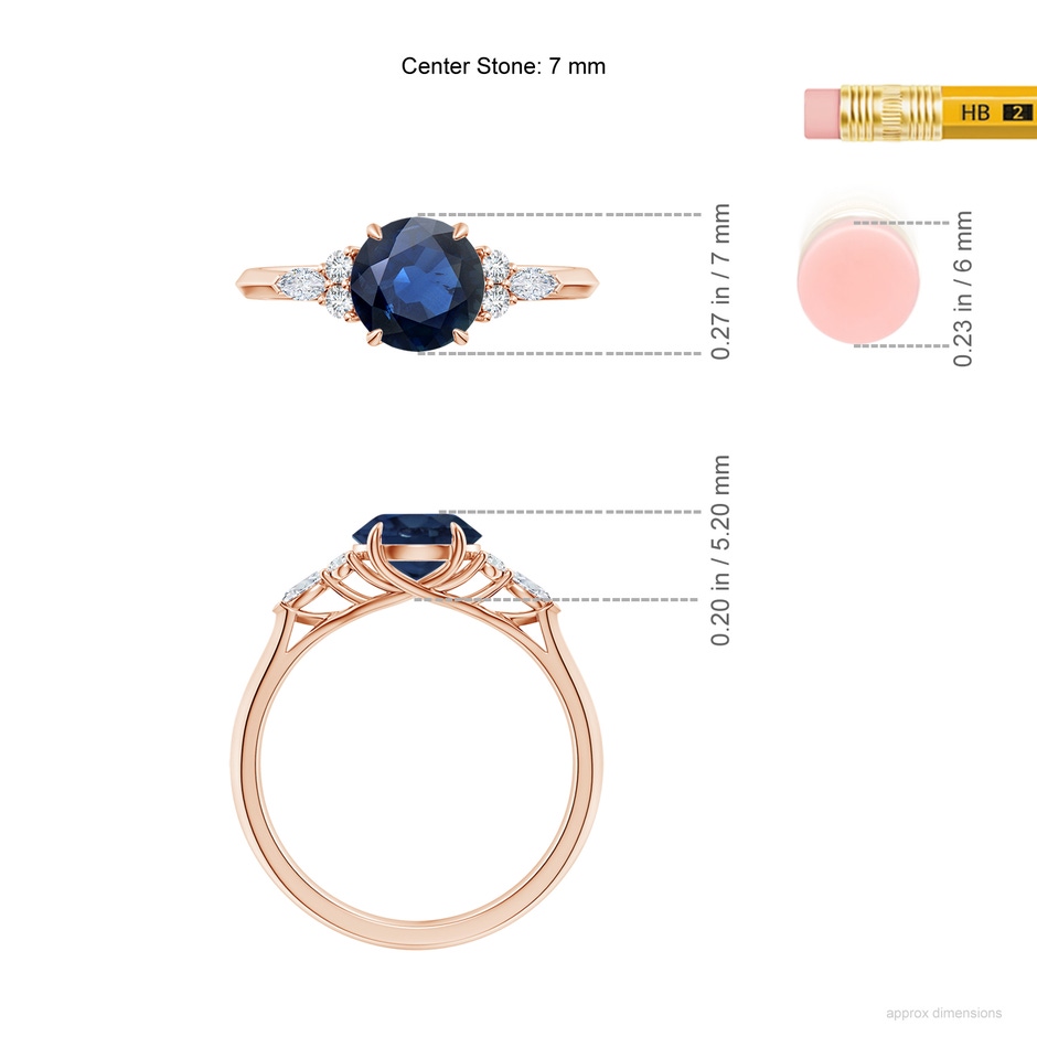 7mm AA Round Blue Sapphire Side Stone Engagement Ring with Diamonds in Rose Gold ruler