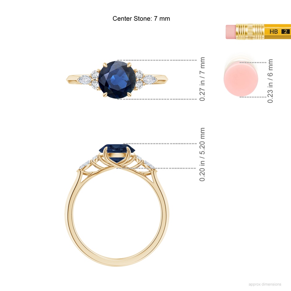 7mm AA Round Blue Sapphire Side Stone Engagement Ring with Diamonds in Yellow Gold ruler