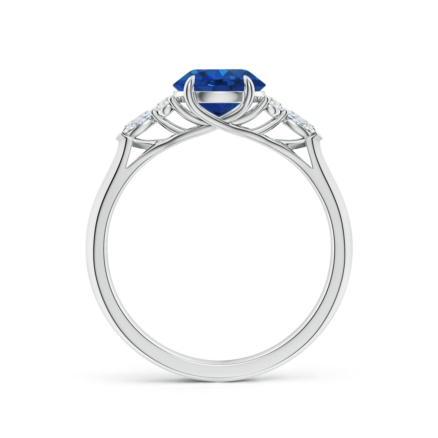 7mm AAA Round Blue Sapphire Side Stone Engagement Ring with Diamonds in 18K White Gold