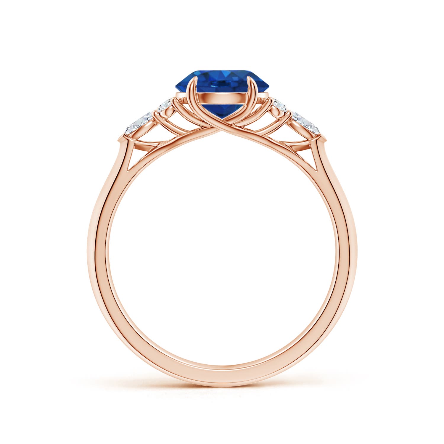 7mm AAA Round Blue Sapphire Side Stone Engagement Ring with Diamonds in Rose Gold