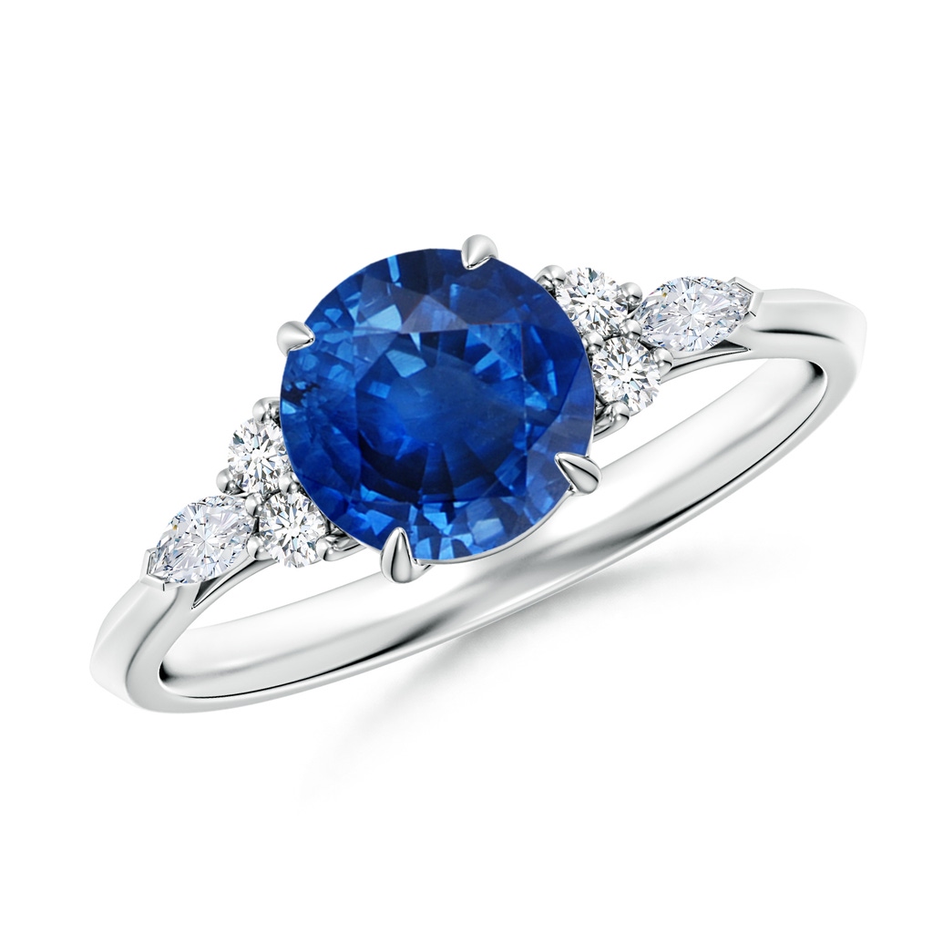 7mm AAA Round Blue Sapphire Side Stone Engagement Ring with Diamonds in White Gold
