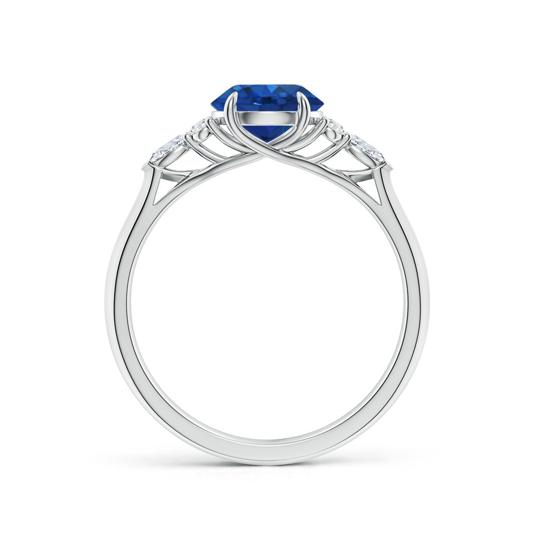 7mm AAA Round Blue Sapphire Side Stone Engagement Ring with Diamonds in White Gold - side 2