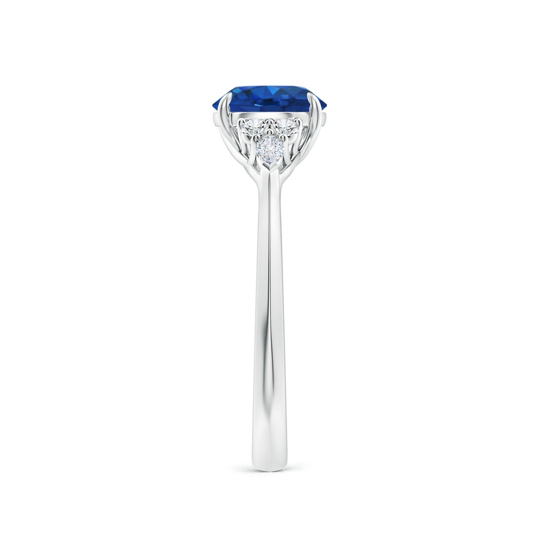 7mm AAA Round Blue Sapphire Side Stone Engagement Ring with Diamonds in White Gold - side 3