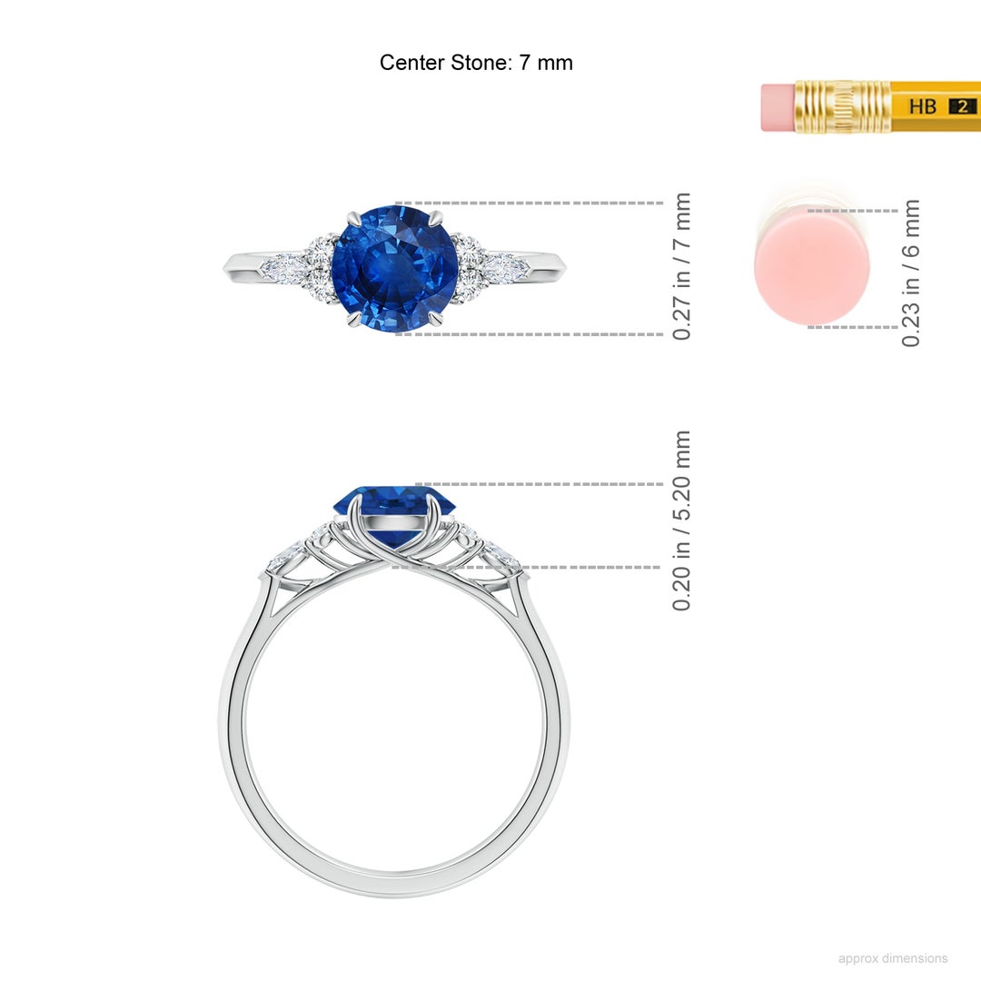 7mm AAA Round Blue Sapphire Side Stone Engagement Ring with Diamonds in White Gold - ruler