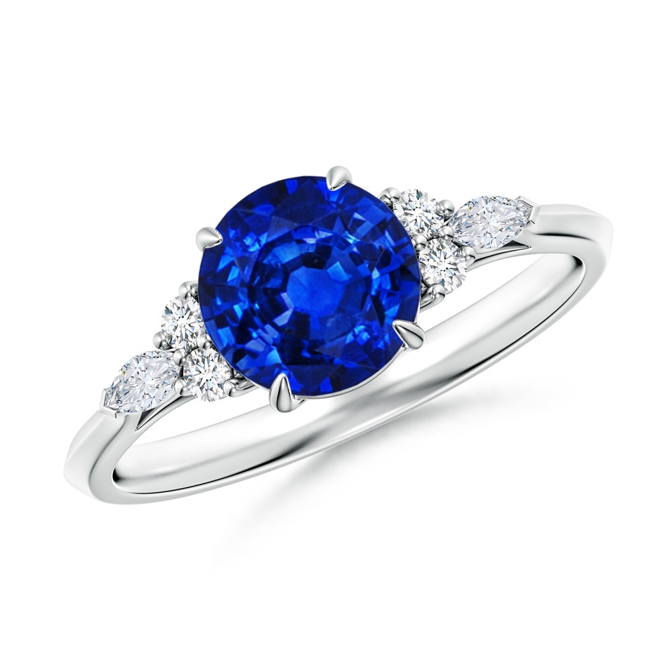 7mm AAAA Round Blue Sapphire Side Stone Engagement Ring with Diamonds in P950 Platinum 