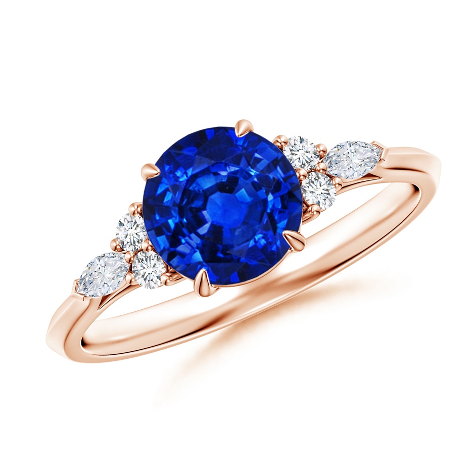 7mm AAAA Round Blue Sapphire Side Stone Engagement Ring with Diamonds in Rose Gold 