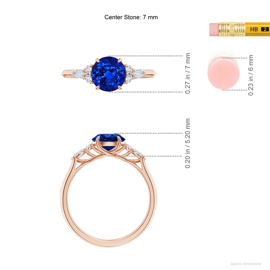 7mm AAAA Round Blue Sapphire Side Stone Engagement Ring with Diamonds in Rose Gold ruler