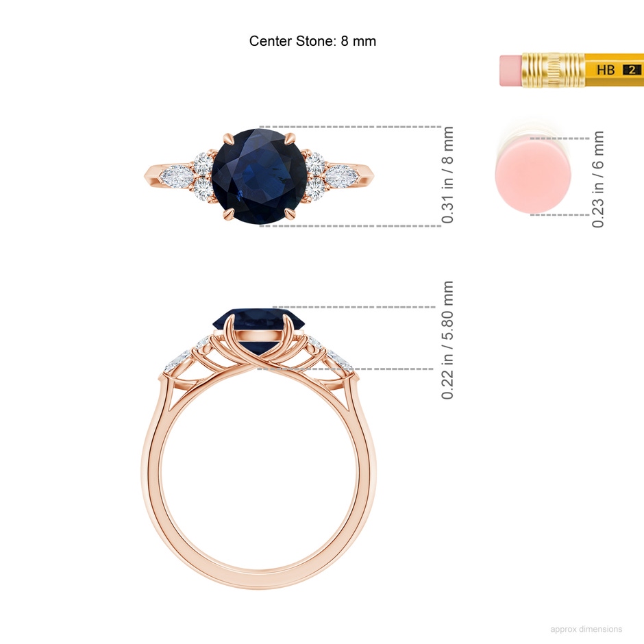8mm A Round Blue Sapphire Side Stone Engagement Ring with Diamonds in 18K Rose Gold ruler