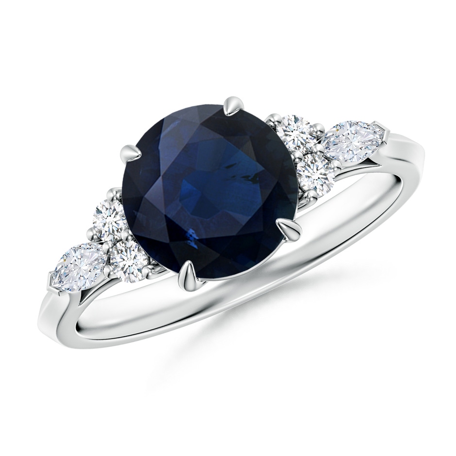 8mm A Round Blue Sapphire Side Stone Engagement Ring with Diamonds in White Gold 