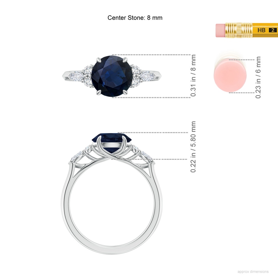 8mm A Round Blue Sapphire Side Stone Engagement Ring with Diamonds in White Gold ruler