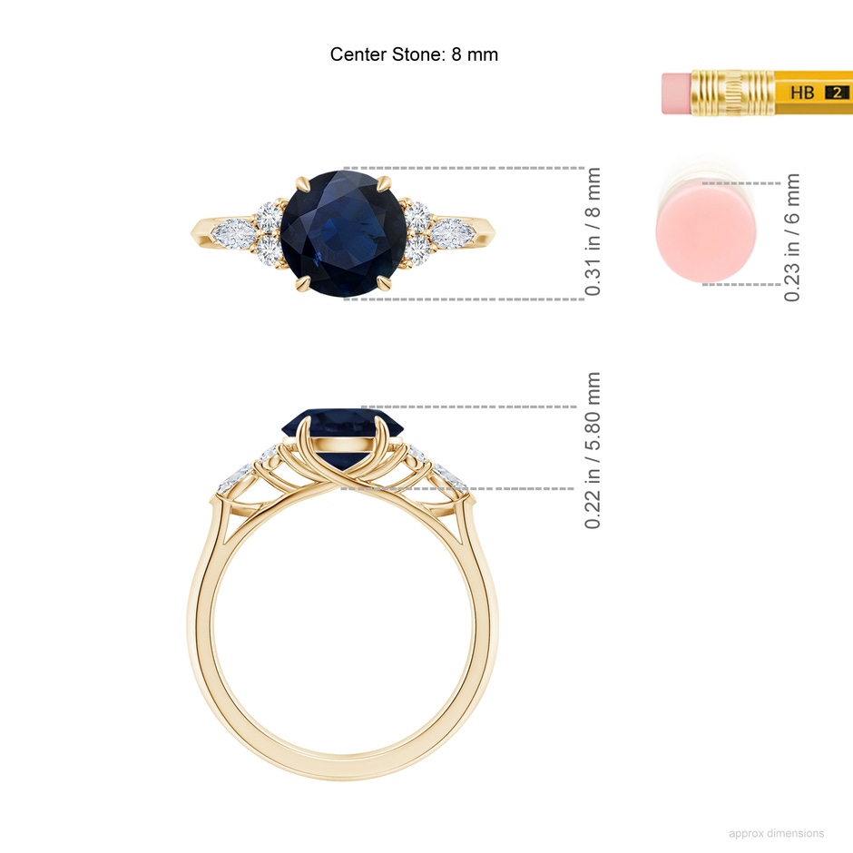 8mm A Round Blue Sapphire Side Stone Engagement Ring with Diamonds in Yellow Gold ruler