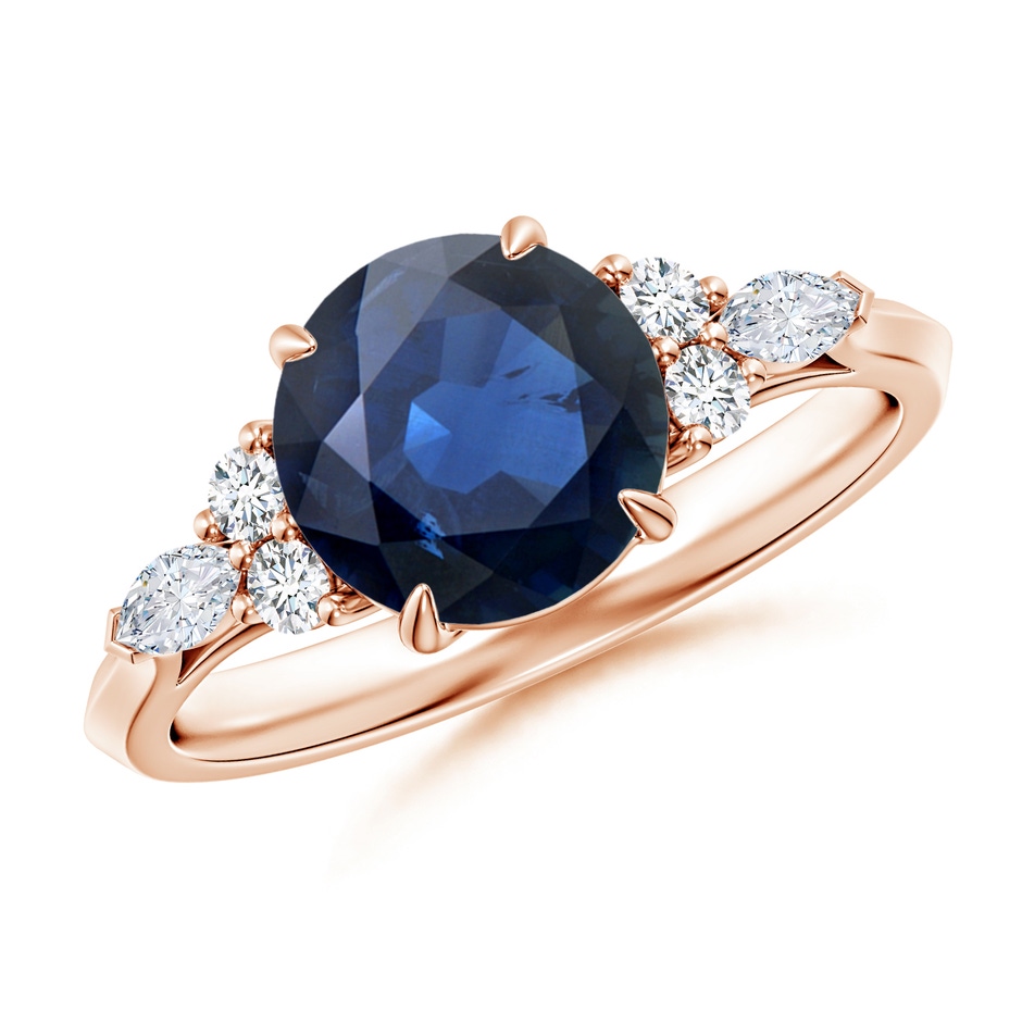 8mm AA Round Blue Sapphire Side Stone Engagement Ring with Diamonds in Rose Gold 