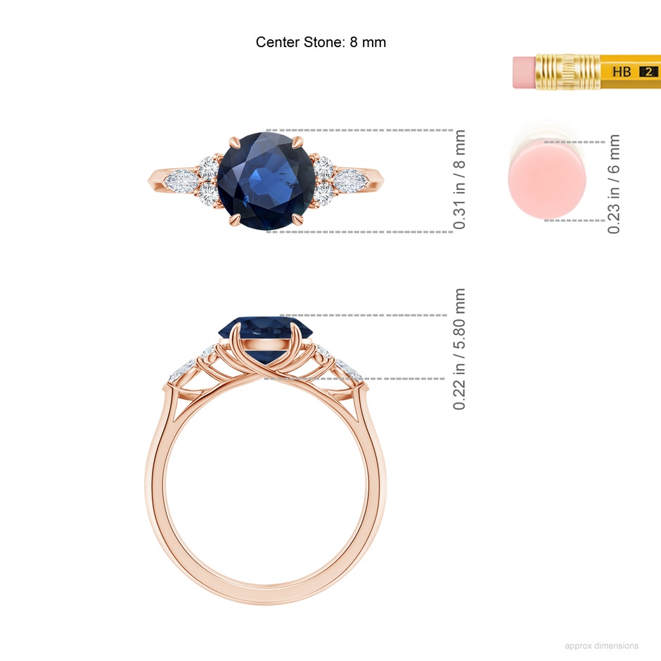 8mm AA Round Blue Sapphire Side Stone Engagement Ring with Diamonds in Rose Gold ruler