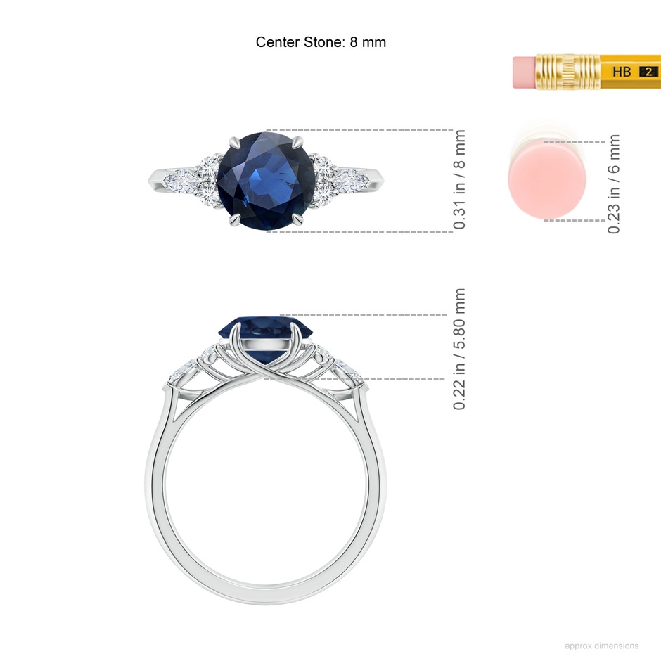 8mm AA Round Blue Sapphire Side Stone Engagement Ring with Diamonds in White Gold ruler