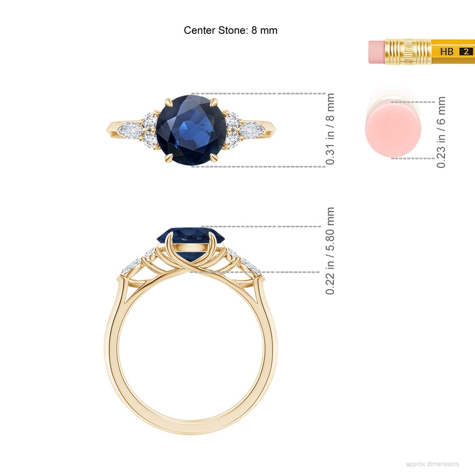 8mm AA Round Blue Sapphire Side Stone Engagement Ring with Diamonds in Yellow Gold ruler