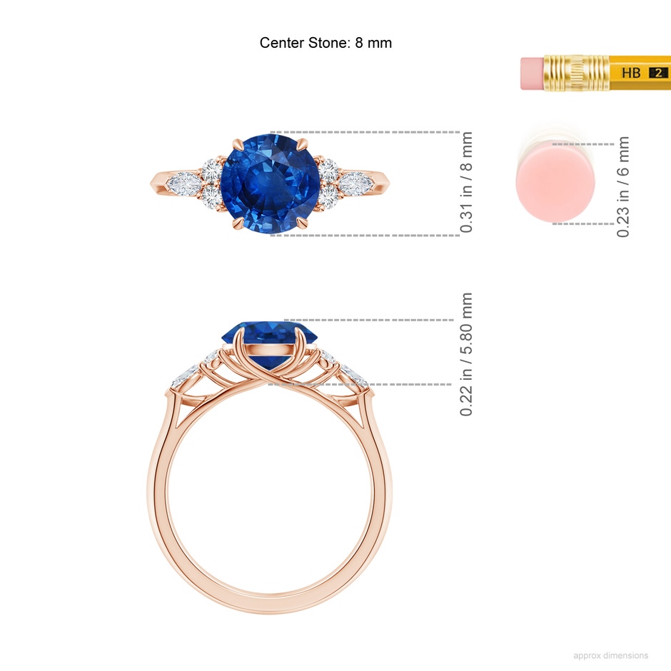 8mm AAA Round Blue Sapphire Side Stone Engagement Ring with Diamonds in 18K Rose Gold ruler