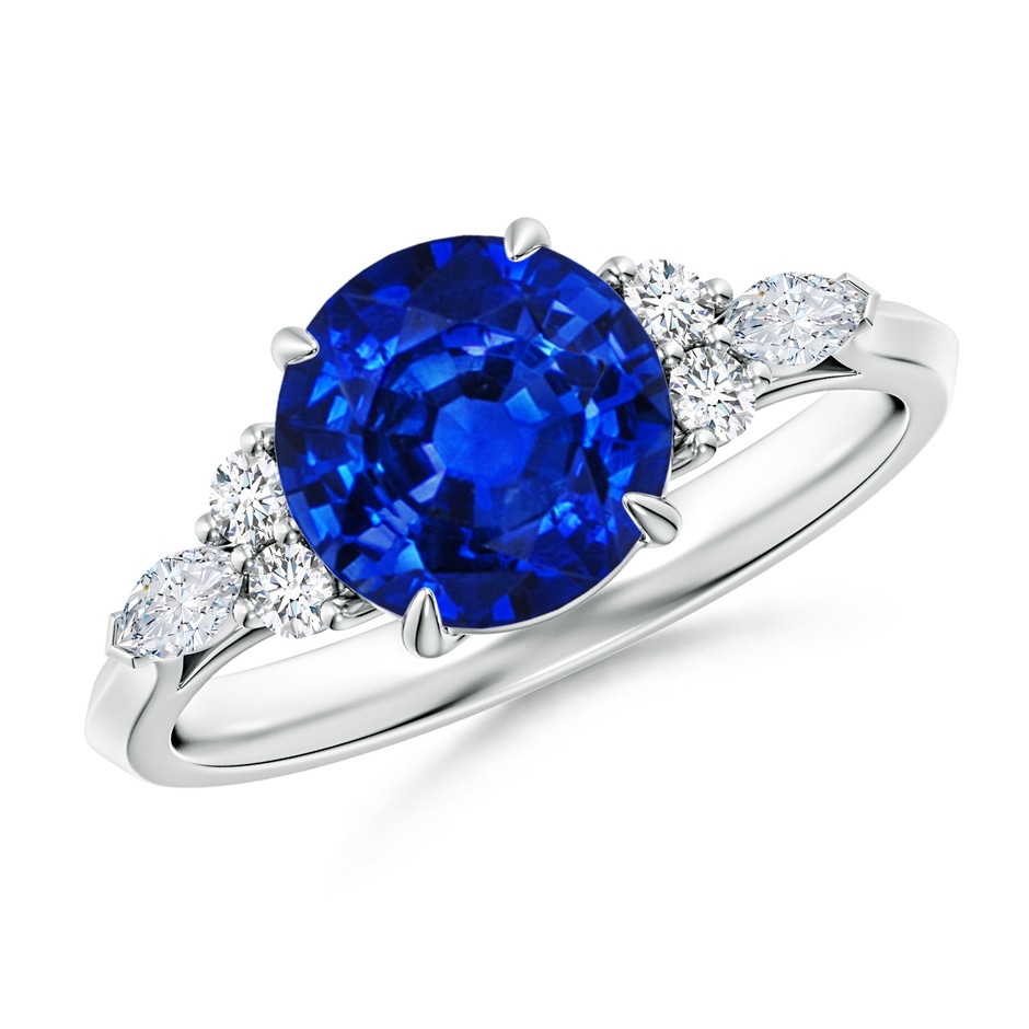 8mm Lab-Grown Round Blue Sapphire Side Stone Engagement Ring with Diamonds in 18K White Gold 