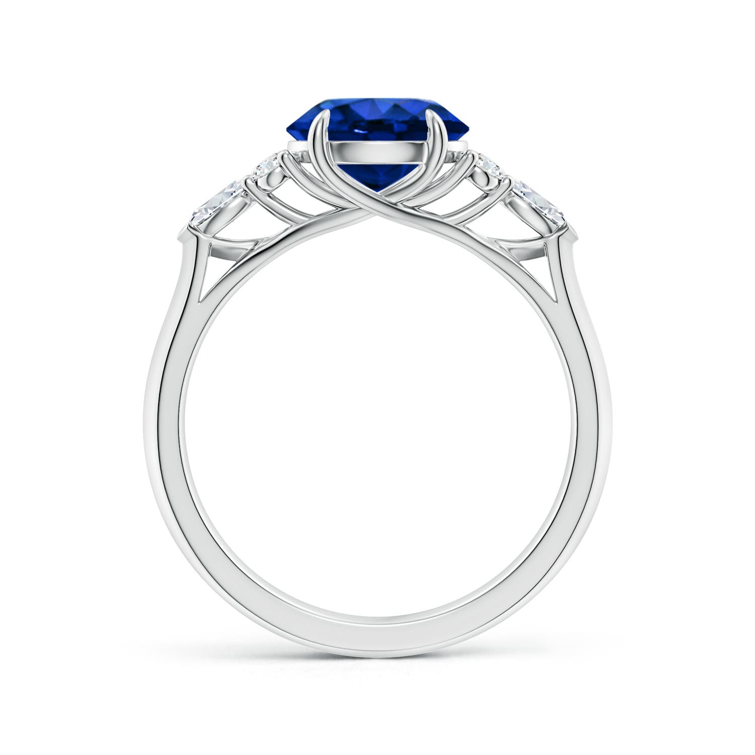 8mm AAAA Round Blue Sapphire Side Stone Engagement Ring with Diamonds in 18K White Gold - side 2