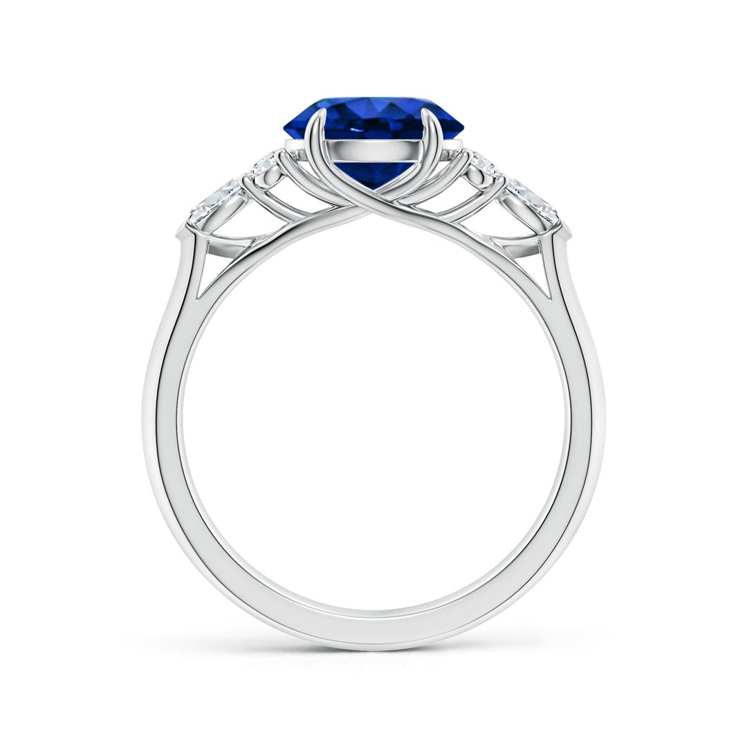 8mm AAAA Round Blue Sapphire Side Stone Engagement Ring with Diamonds in 18K White Gold - side 2