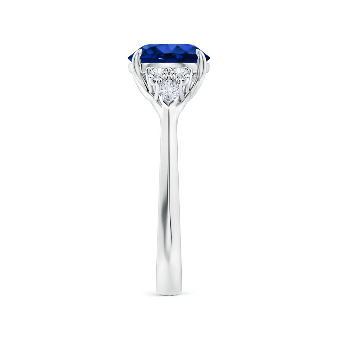 8mm AAAA Round Blue Sapphire Side Stone Engagement Ring with Diamonds in 18K White Gold - side 3
