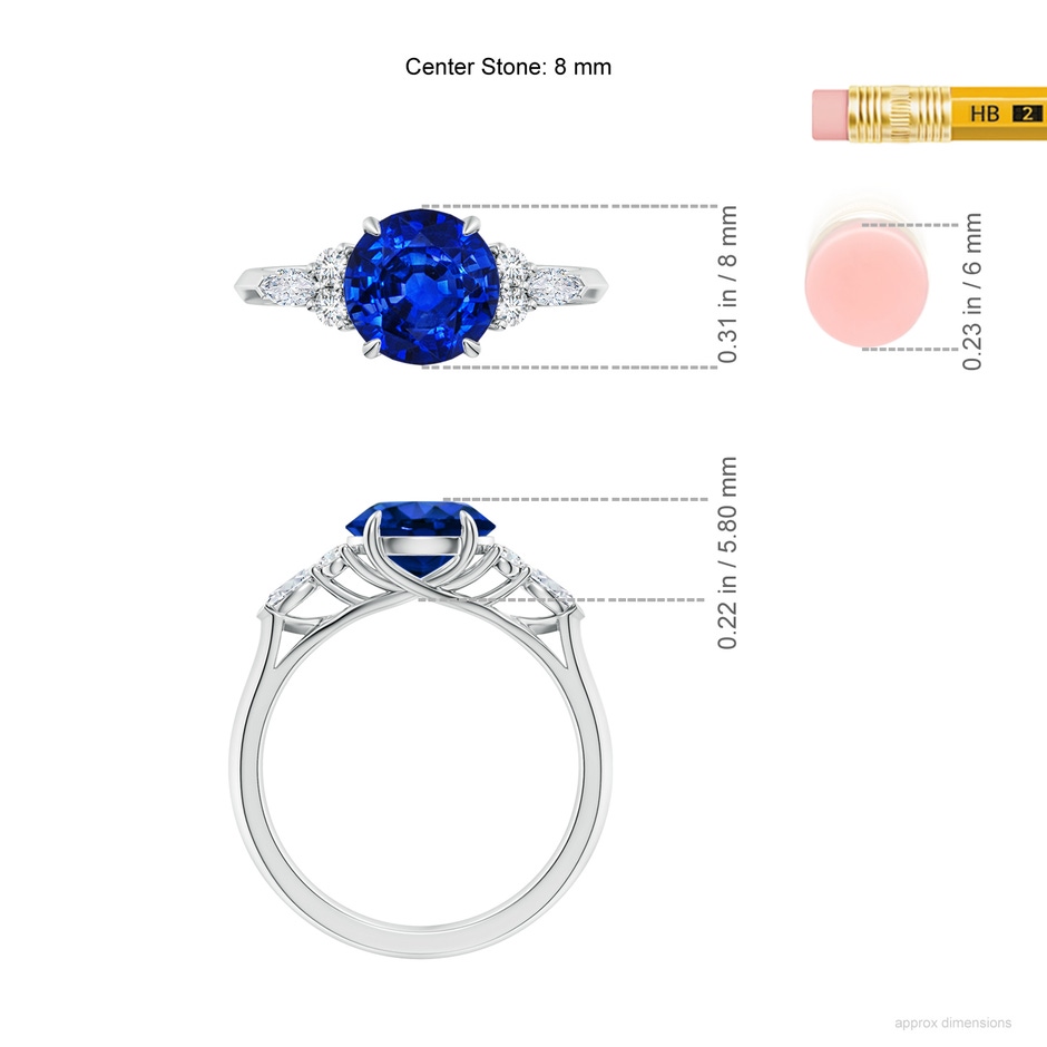 8mm Lab-Grown Round Blue Sapphire Side Stone Engagement Ring with Diamonds in 18K White Gold ruler