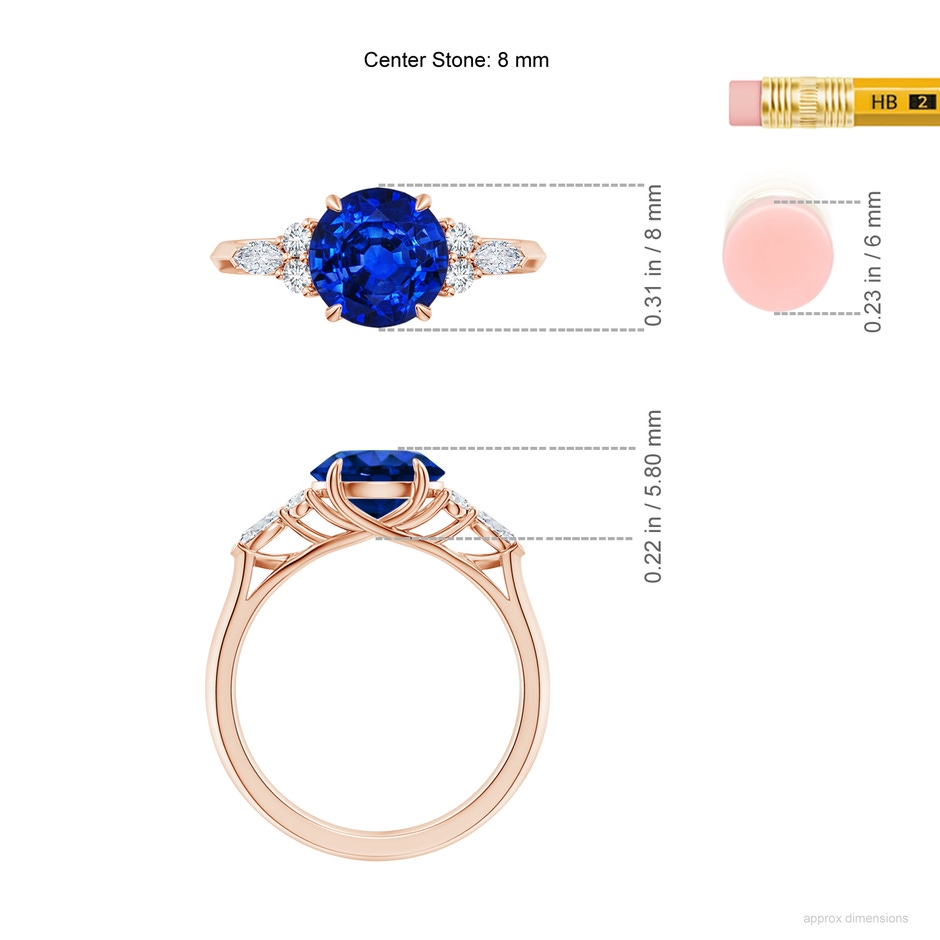 8mm AAAA Round Blue Sapphire Side Stone Engagement Ring with Diamonds in Rose Gold ruler