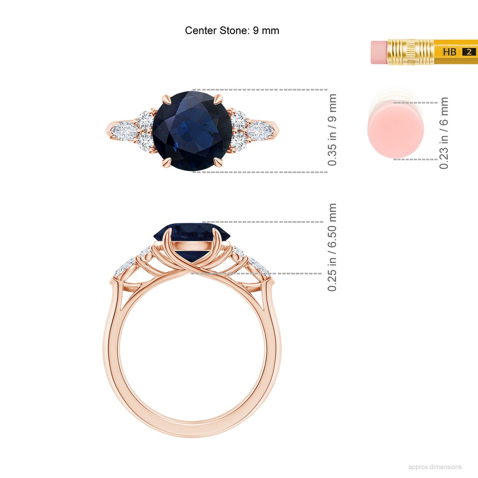 9mm A Round Blue Sapphire Side Stone Engagement Ring with Diamonds in Rose Gold ruler