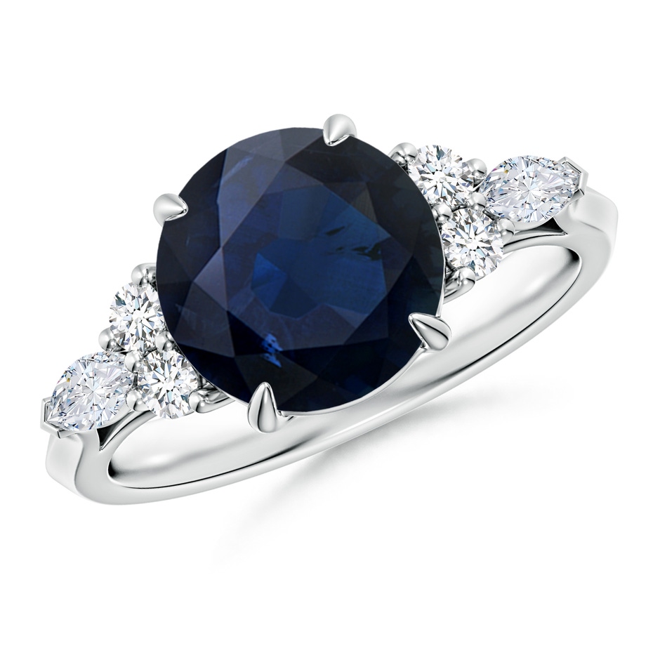 9mm A Round Blue Sapphire Side Stone Engagement Ring with Diamonds in White Gold 
