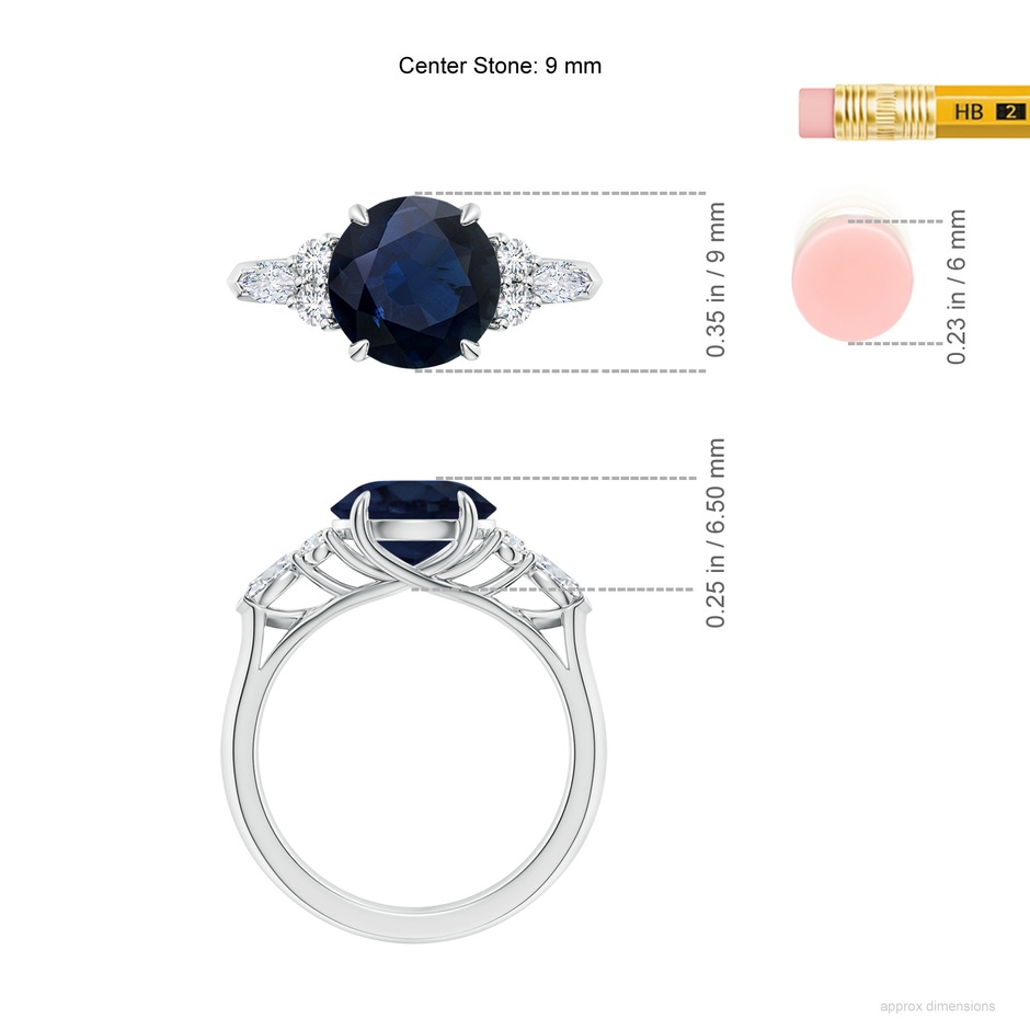 9mm A Round Blue Sapphire Side Stone Engagement Ring with Diamonds in White Gold ruler