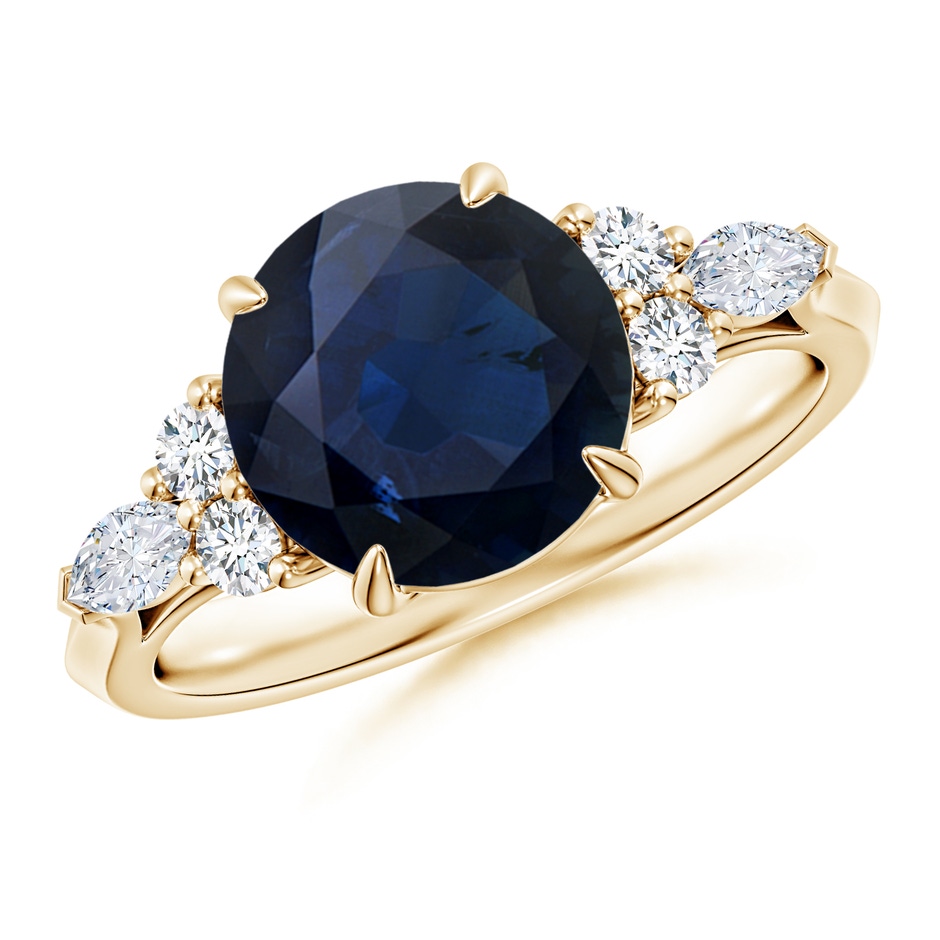 9mm A Round Blue Sapphire Side Stone Engagement Ring with Diamonds in Yellow Gold 