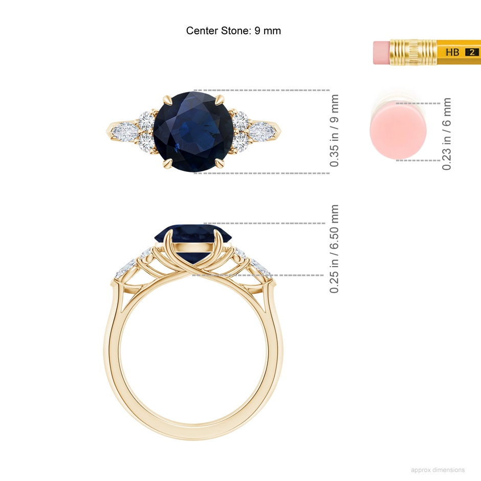 9mm A Round Blue Sapphire Side Stone Engagement Ring with Diamonds in Yellow Gold ruler