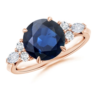 9mm AA Round Blue Sapphire Side Stone Engagement Ring with Diamonds in 18K Rose Gold