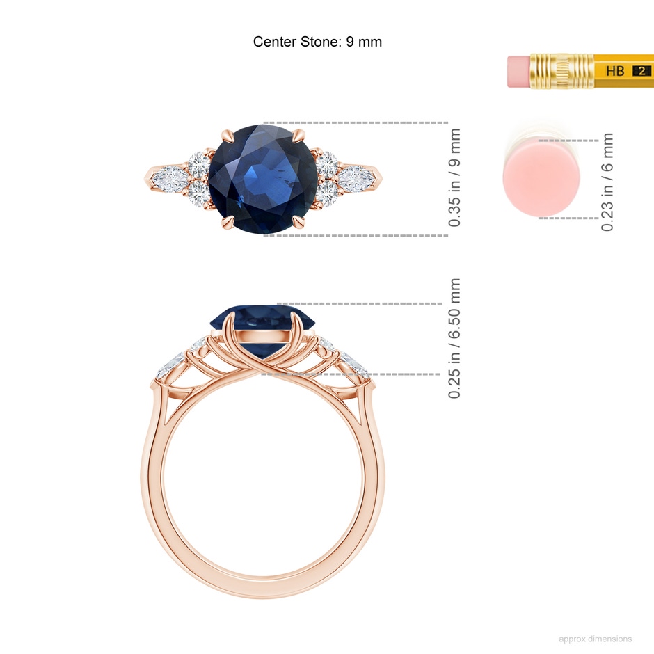 9mm AA Round Blue Sapphire Side Stone Engagement Ring with Diamonds in Rose Gold ruler